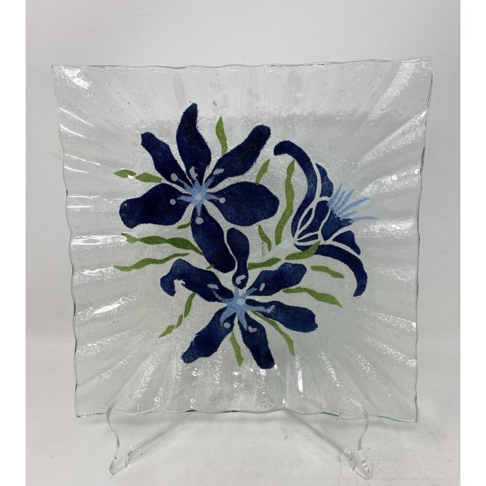 Sydenstricker Fused Glass Signed Square Plate 8.5” Blue Green Lilies Ruffle Edge